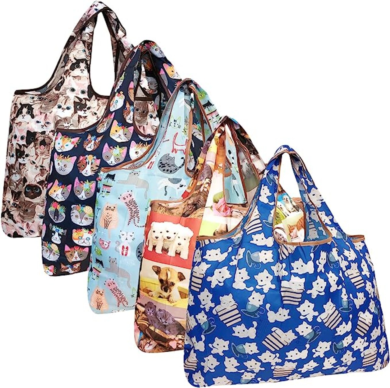 Wrapables Large Foldable Tote Nylon Reusable Grocery Bags, 5 Pack